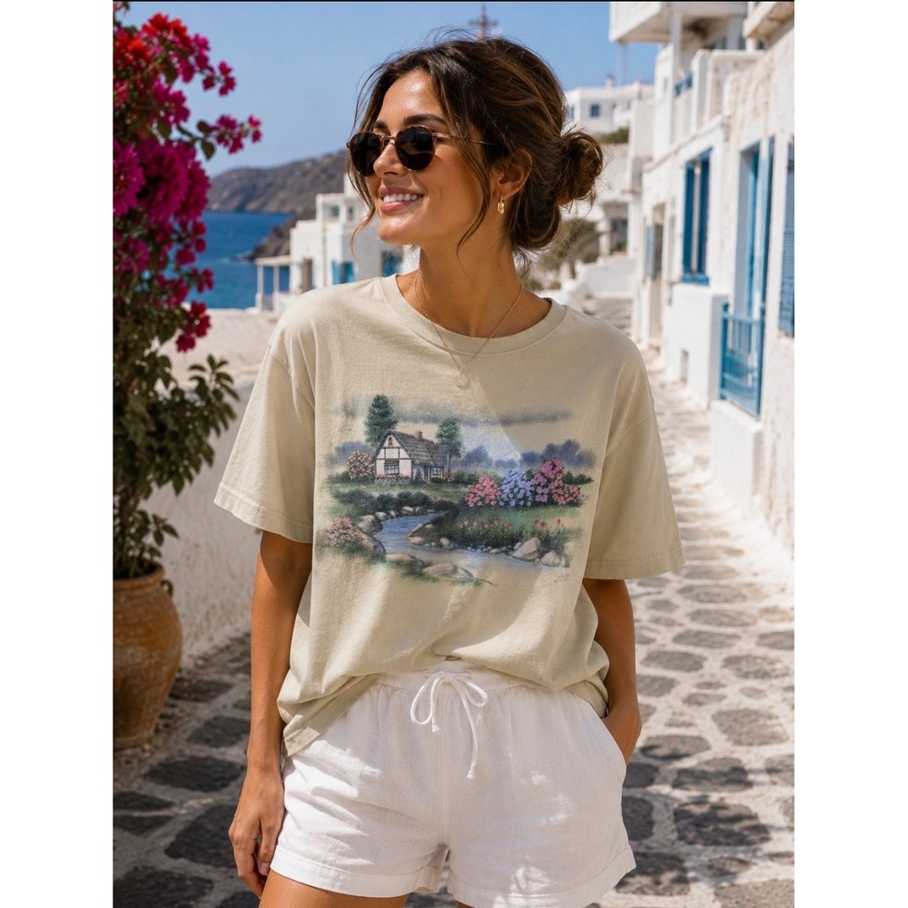 Morning Sun Graphic T-Shirt Women XL Sage Green Vintage Cottage Landscape Tee
